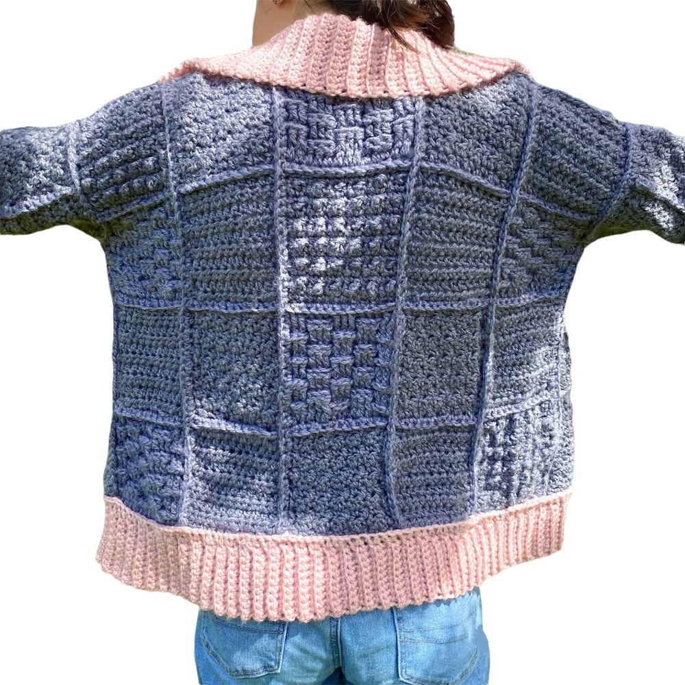 Crochet Granny Square Cardigan Small Gray Pink Handmade Harry Styles Inspired